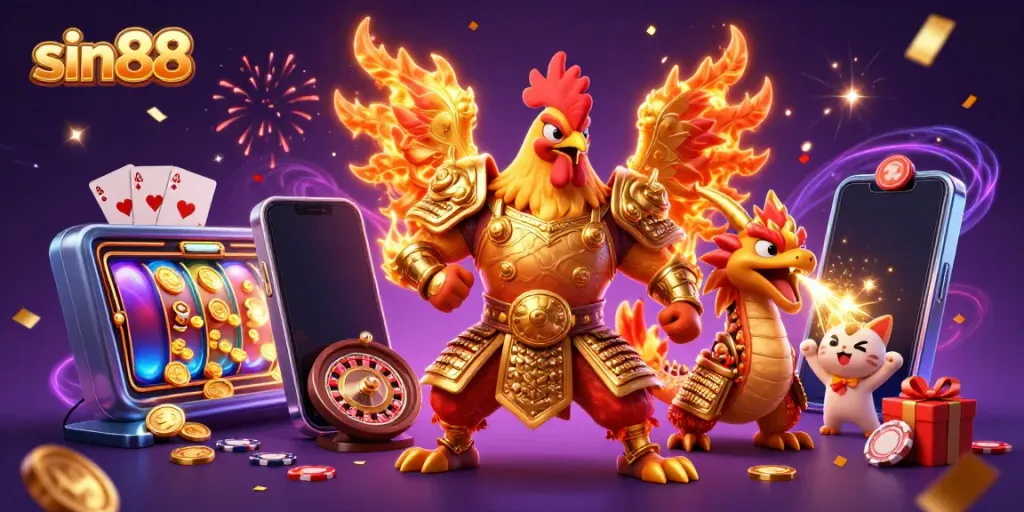 Experience winning thrills at sin88 with a vibrant casino-themed illustration of mythical characters amidst gaming elements.