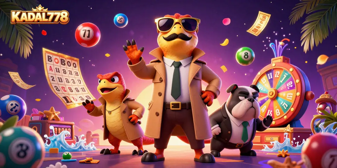 KADAL778 offers a vibrant scene with raptors in a trench coat entering a casino, surrounded by colorful game elements.