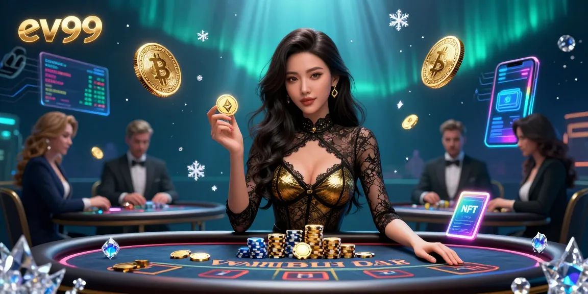 Experience high-stakes baccarat at ev99 with dazzling chips and glowing crypto elements enriching the scene.