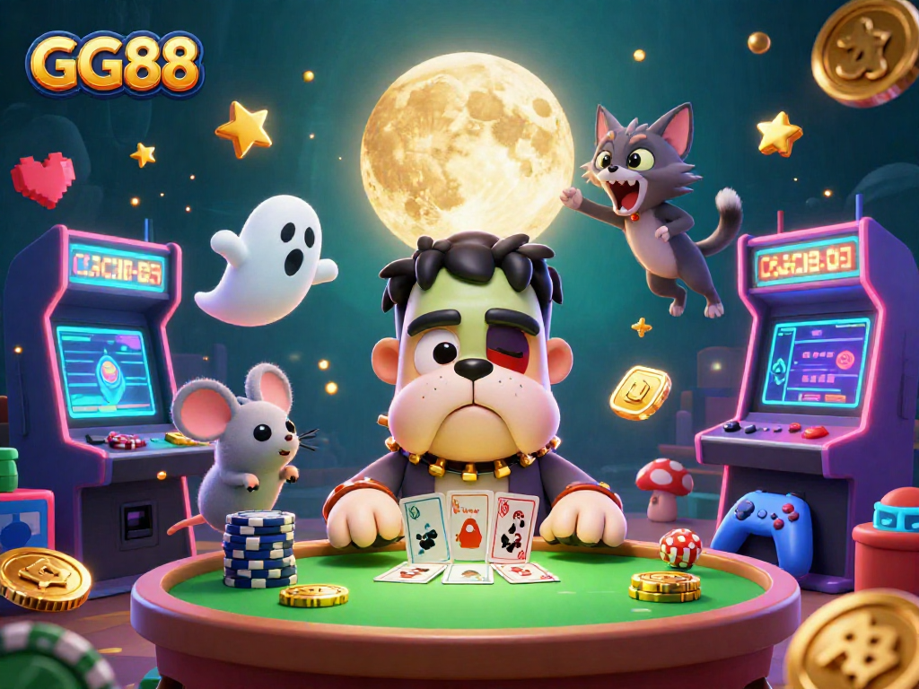 Experience the thrill of GG88 with a lively 3D casino scene featuring whimsical characters and vibrant gaming elements.