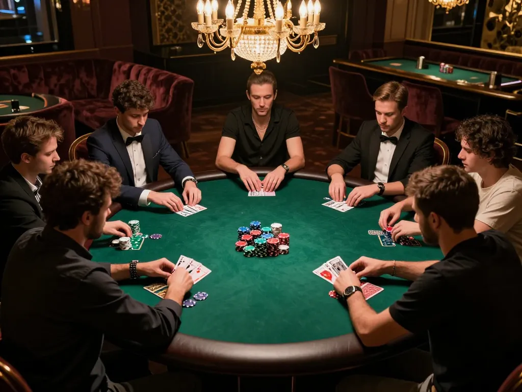Players compete in an exciting poker game at 8kbet8's exclusive lounge, showcasing strategy and tension.