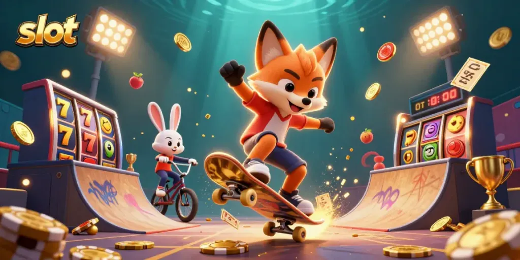 Experience the thrill of slots with a skateboarder fox and BMX rabbit showcasing dynamic casino action.