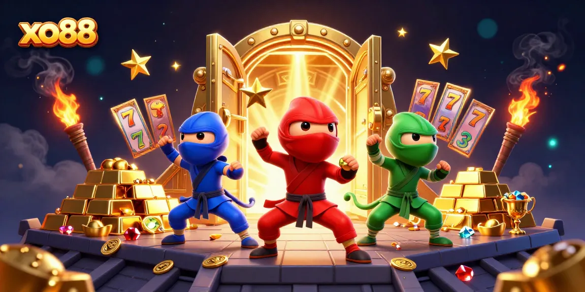 Experience the thrill at xo88 with ninja chameleons and blazing slot reels in a vibrant casino scene.