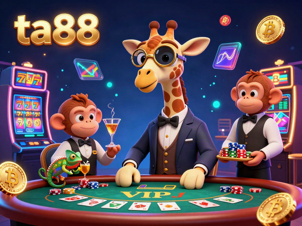 Experience thrilling gameplay with ta88 in a lively casino scene featuring a high-roller giraffe and vibrant slot machines.