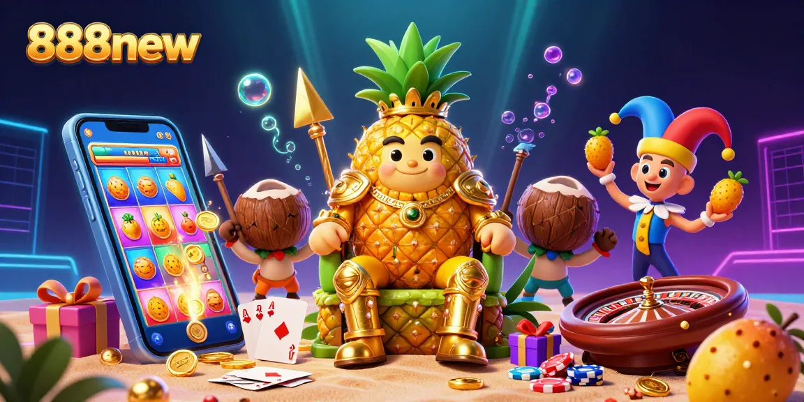 Engage with 888new casino games in this vibrant 3D illustration of a pineapple king and lively characters.