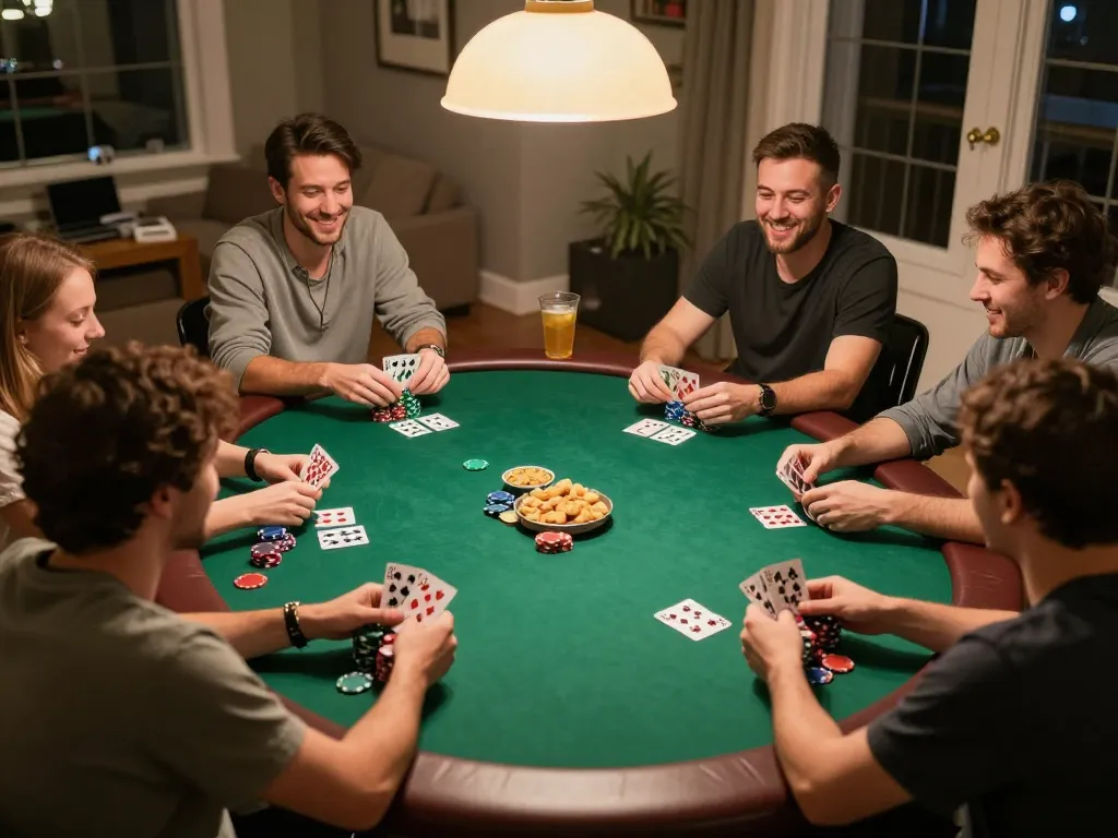 Friends enjoying poker night at home, showcasing abc8go as a key gaming platform for enthusiasts
