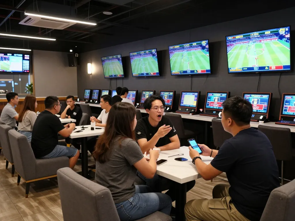 Exciting sports betting action at a bar showcasing nhandinhkeonhacai's analysis tools