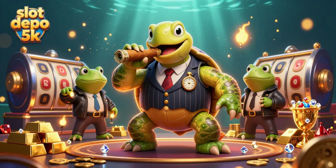 Captivating slot depo 5k scene with a snapping turtle in a mobster suit and vivid casino elements.