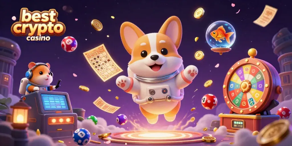 Experience the excitement at the best crypto casino with a 3D astronaut corgi floating in a vibrant space casino.