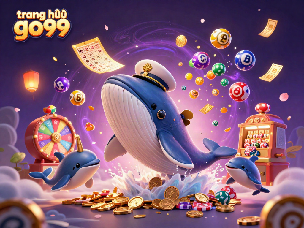 Experience the excitement at trang chủ go99 with playful dolphins and a giant whale amidst vibrant casino elements.