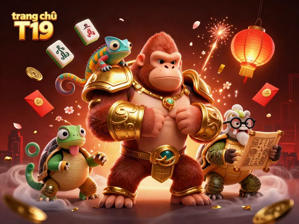 Experience the vibrant action of gambling at trang chủ T19 with a powerful gorilla king and friends in this dynamic casino scene.