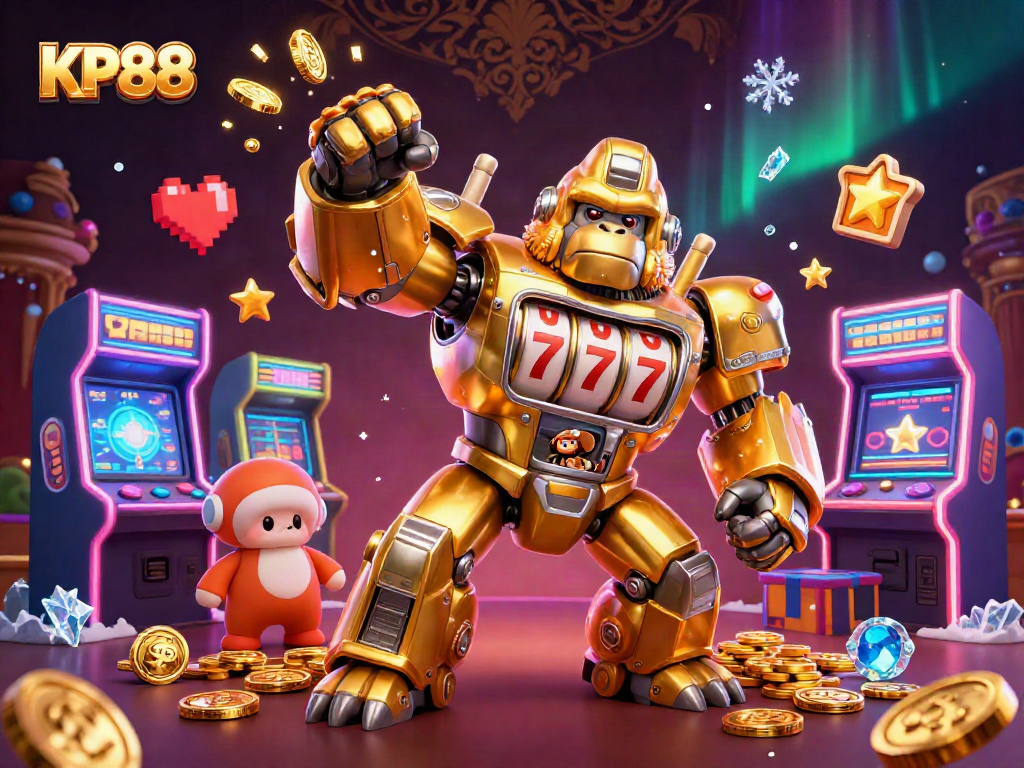Experience thrilling KP88 gameplay with a golden gorilla mech, dynamic arcade elements, and jackpot excitement.