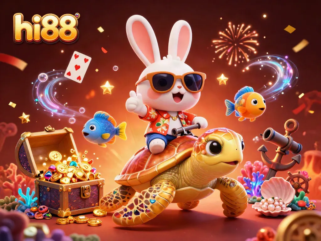 Experience the thrill of hi88 with vibrant casino elements and friendly characters in this dynamic illustration