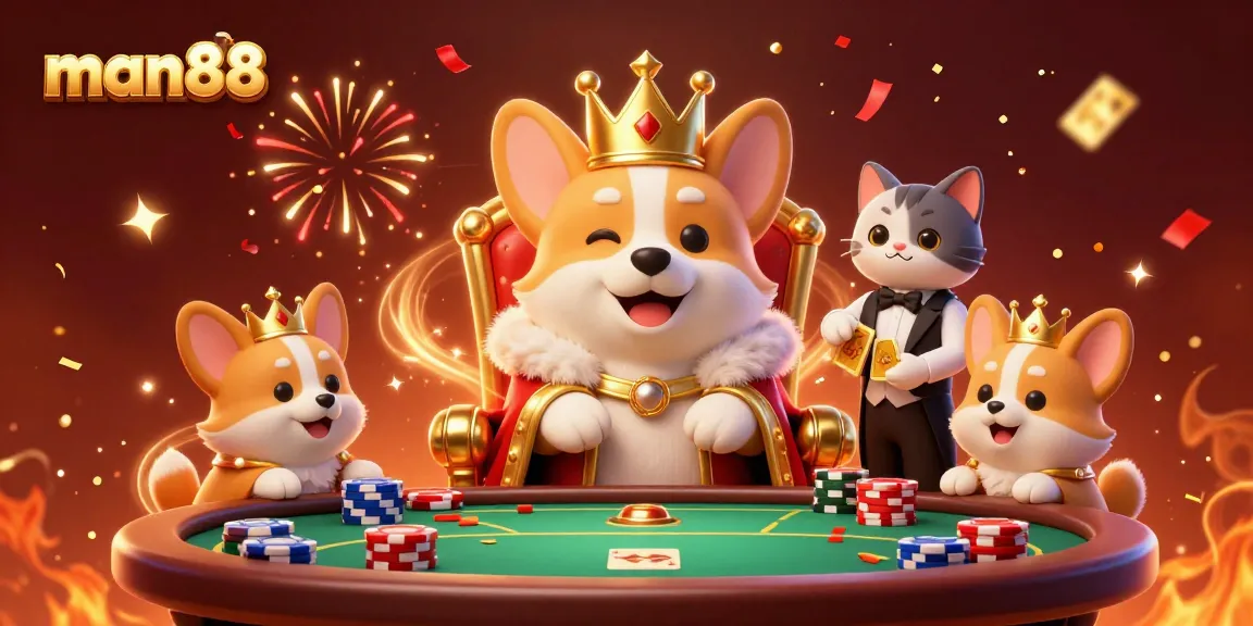 man88 crowns players with excitement at a vibrant poker scene filled with chip stacks and celebratory elements.