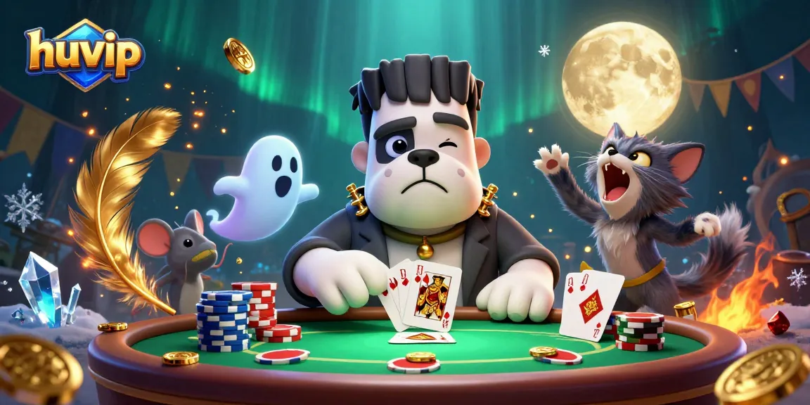 Engaging scene at huvip showcasing a Frankenstein bulldog dealing cards at a spooky poker table.