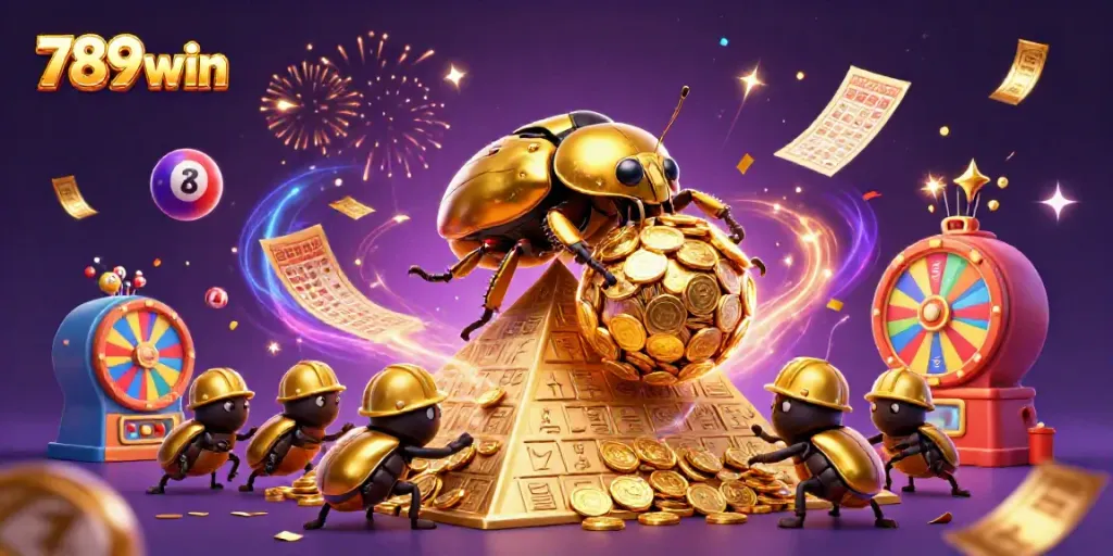 Experience the vibrant casino excitement with 789win's dynamic lottery scene featuring colorful symbols and golden treasures.
