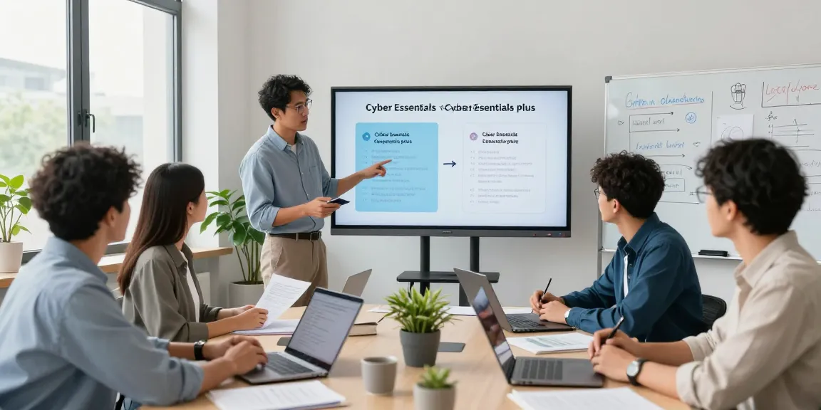 Team comparing cyber essentials vs cyber essentials plus in a modern office setting, showcasing teamwork and collaboration.