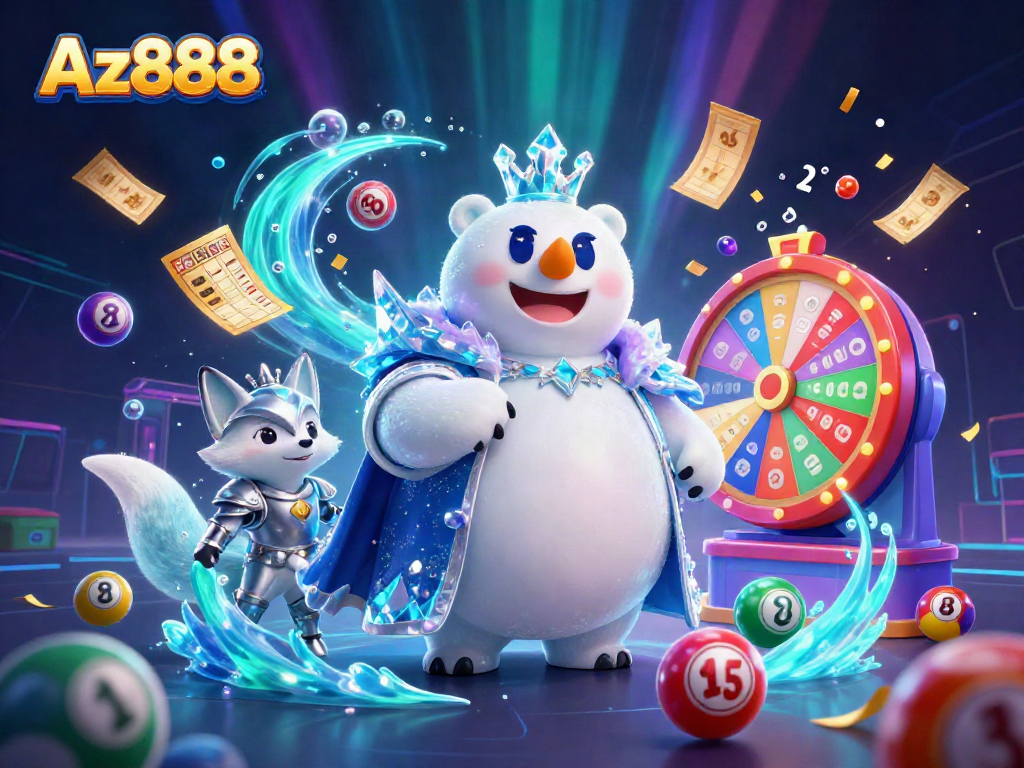 Experience the thrill of Az888 casino adventures with a lively 3D scene featuring dynamic lottery elements and characters.