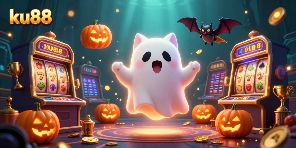 Experience playful thrills with ku88's haunting casino scene, featuring a ghost cat and playful elements.