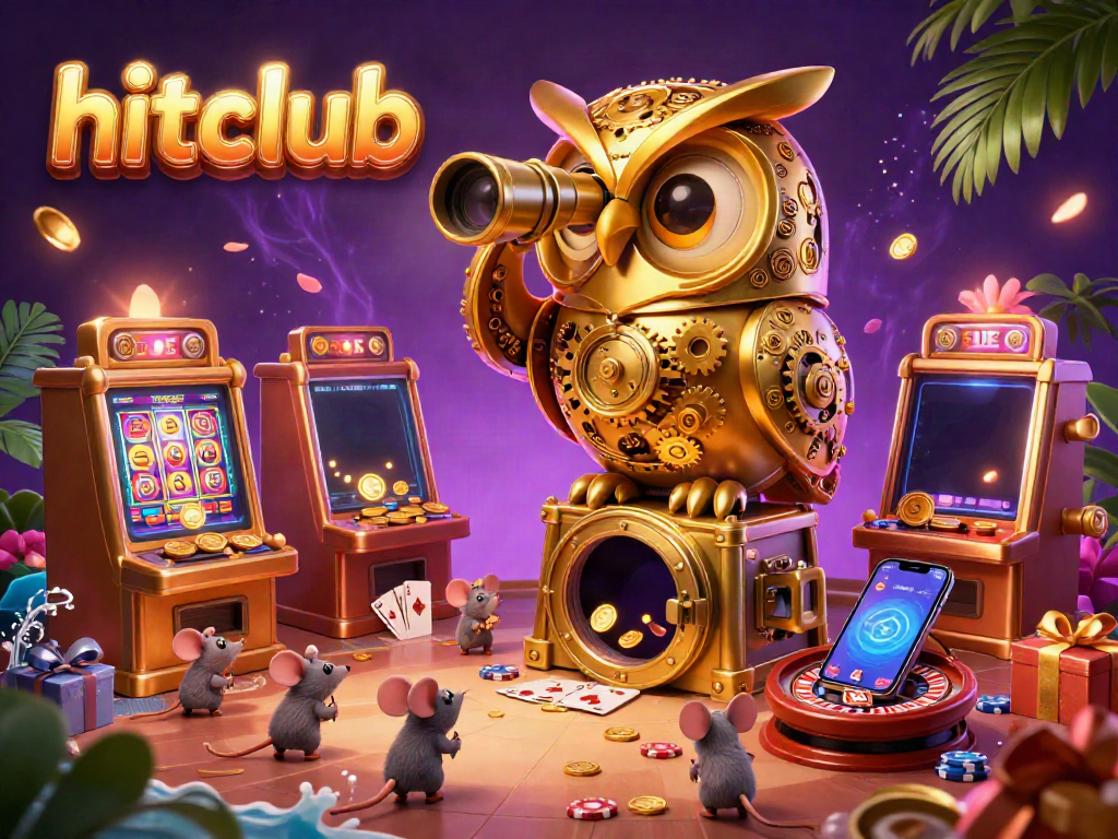 Engage in thrilling gameplay at hitclub with vibrant slot machines, golden coins, and cartoon owl.