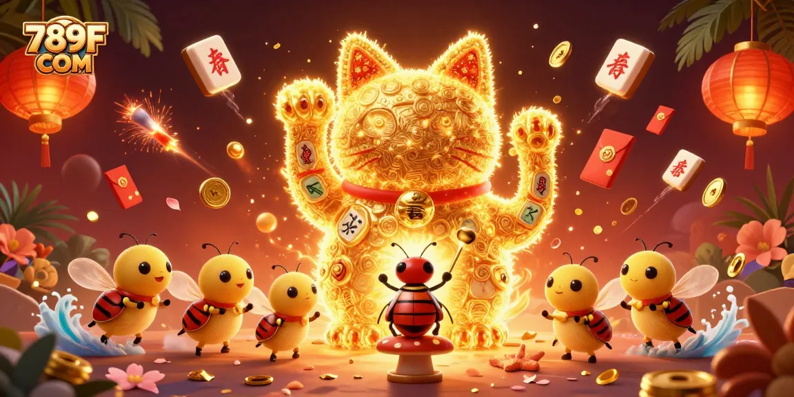 Win big at 789F COM with colorful symbols, a lucky cat, and a magical conductor beetle.