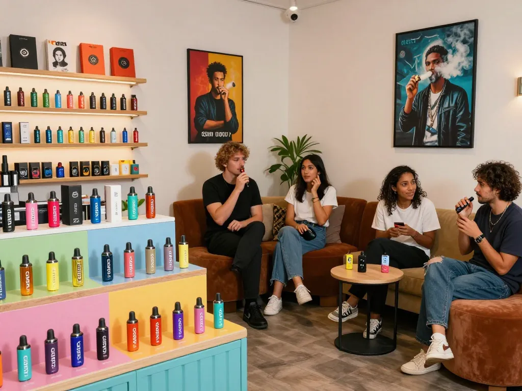 Enjoying Clean Carts 2g Disposable in vibrant vape shop atmosphere with diverse vapers and colorful product display.