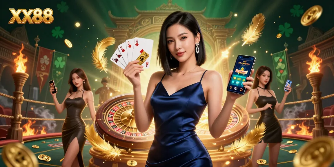 Experience winning at XX88 with a stunning Asian woman showcasing a casino app.