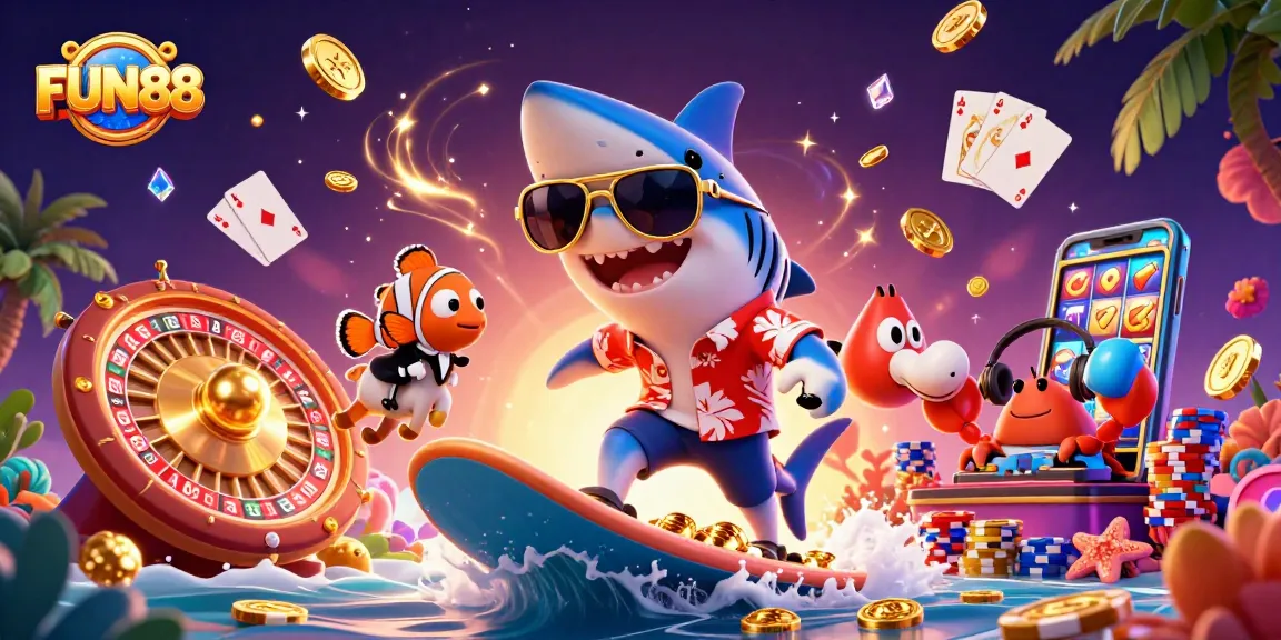 Surfing on gold coins, FUN88's colorful casino scene showcases excitement and energy.
