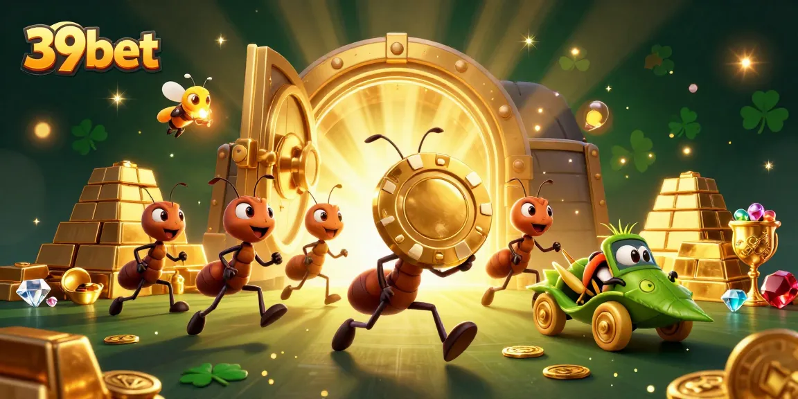 Join the heist adventure with 39bet, where playful ants capture a giant golden poker chip in a vibrant casino scene.
