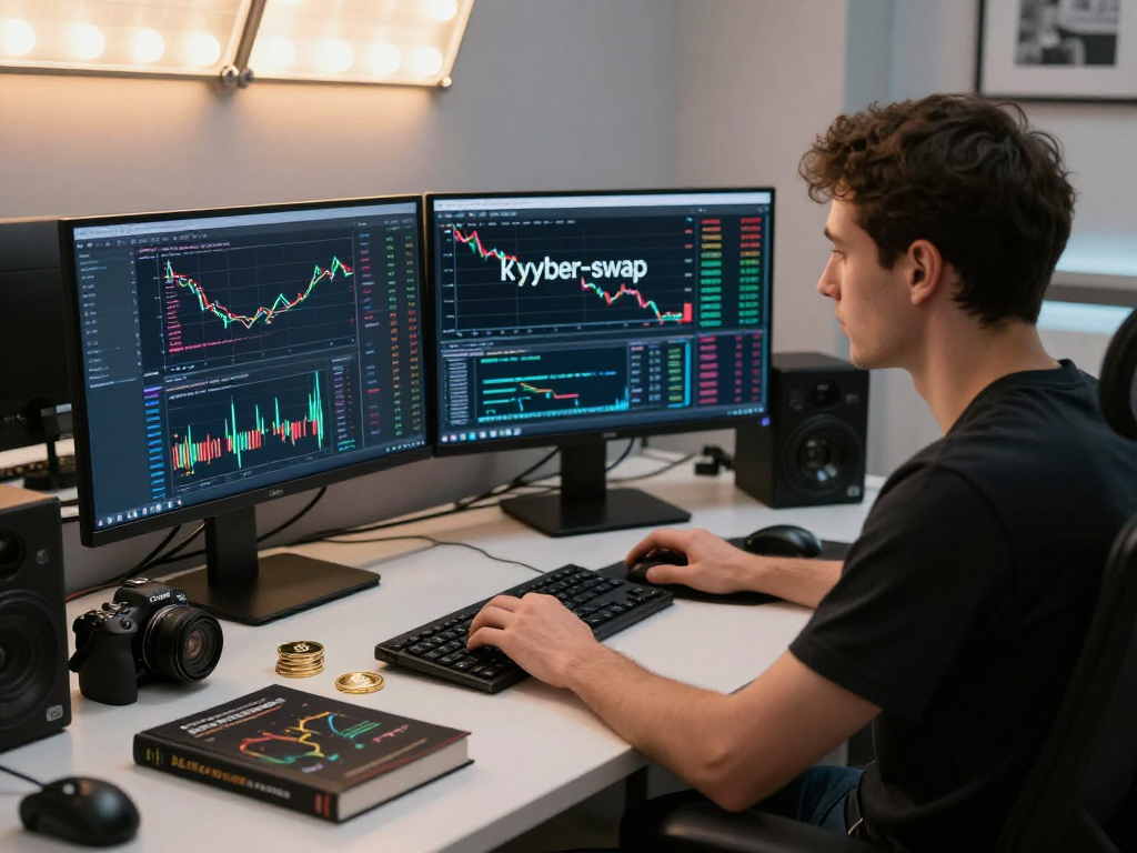 Active trader analyzing kyber-swap along with cryptocurrency market trends in a high-tech office environment.