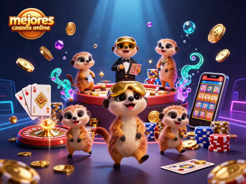 Juega a los mejores casinos online mientras disfrutas de una ilustración animada de un casino de suricatas.