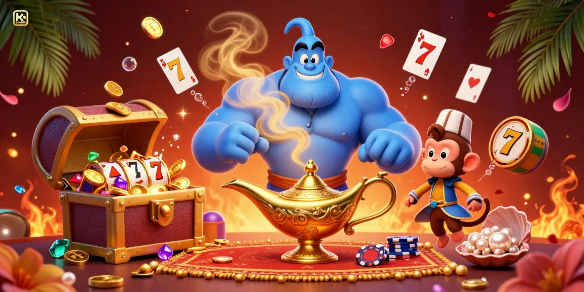 Engage in thrilling casino adventures with ku88b featuring a genie, poker chips, and gold treasures.