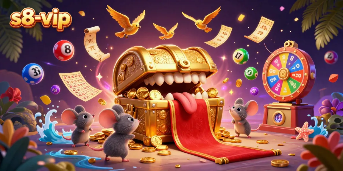 Embrace the thrill of winning at s8-vip with vibrant lottery elements and a treasure chest full of riches.
