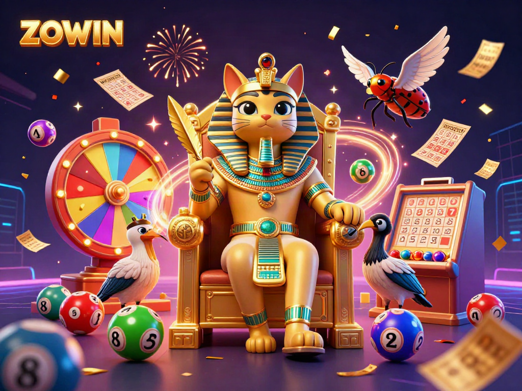 ZOWIN cat pharaoh dominates a vibrant gambling scene filled with spinning prizes and festive elements.