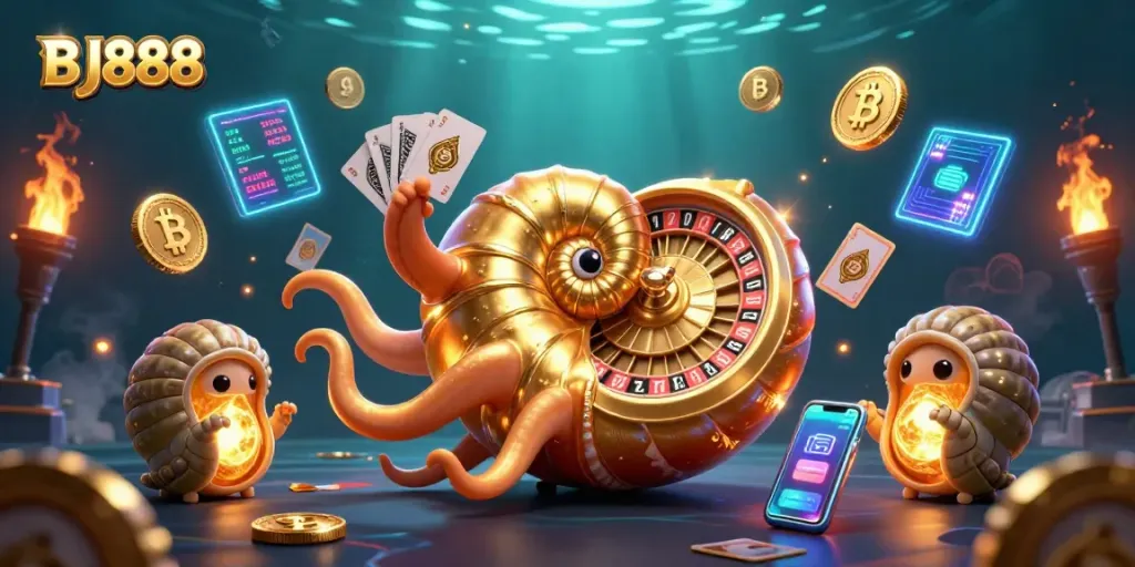 Experience thrilling gameplay with BJ888 featuring interactive casino visuals and vibrant crypto elements.
