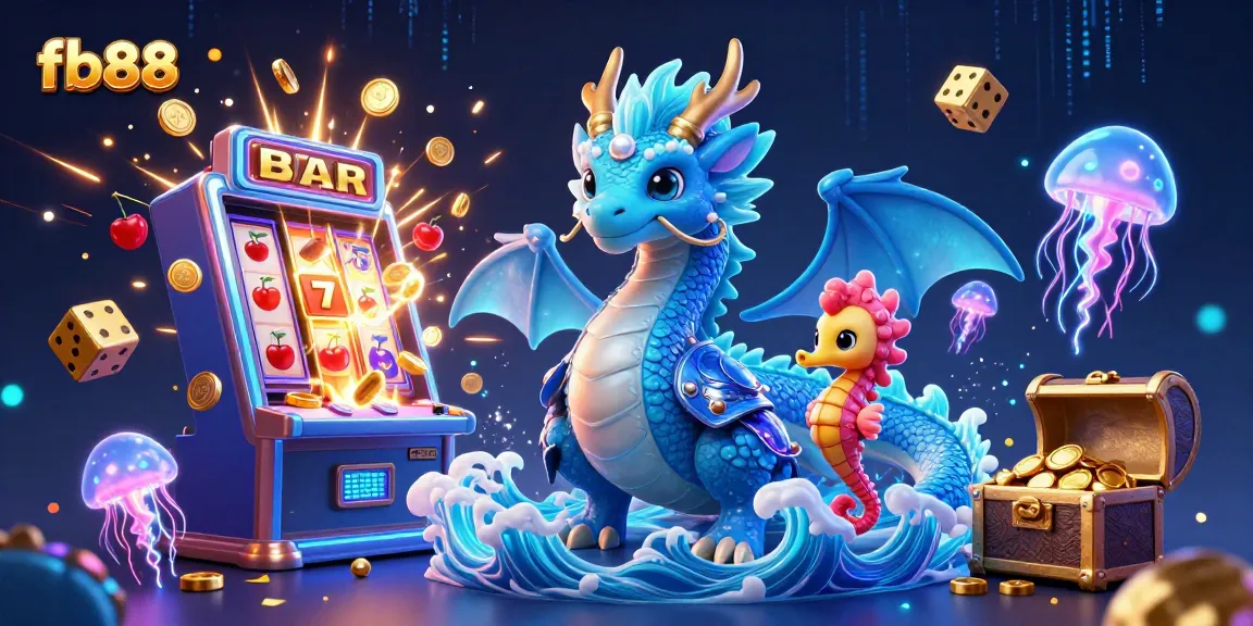 Engage with fb88's thrilling world of gaming featuring a dragon, seahorse knight, and vibrant slot machine.