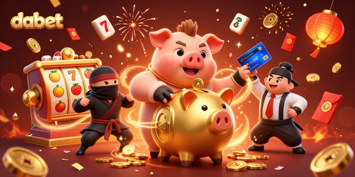 dabet players celebrate wins with 3D casino characters enjoying slots and fireworks.