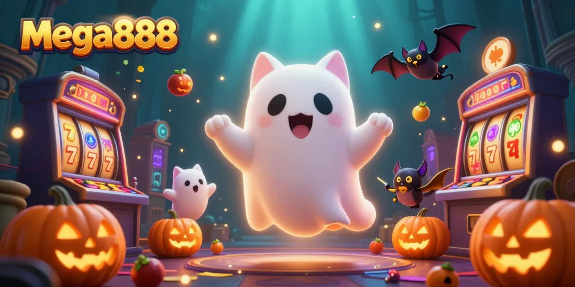 Engage in mega888 gaming adventure with vibrant ghost cat and vampire bat amidst slot machines.