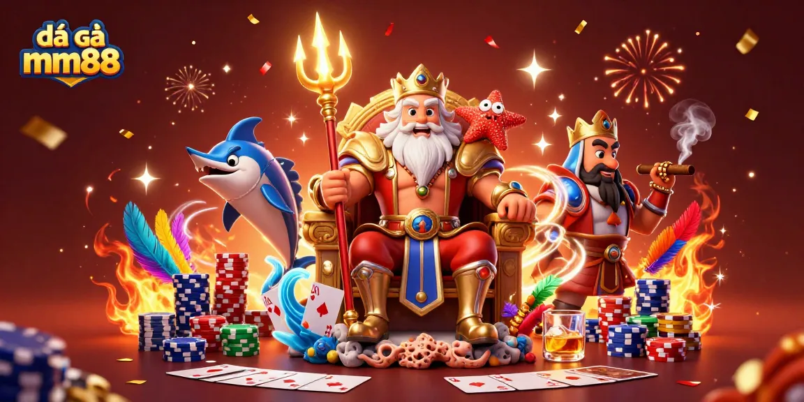 Engage with đá gà mm88 in a vibrant 3D illustration showcasing a king overseeing an exhilarating fighting arena.