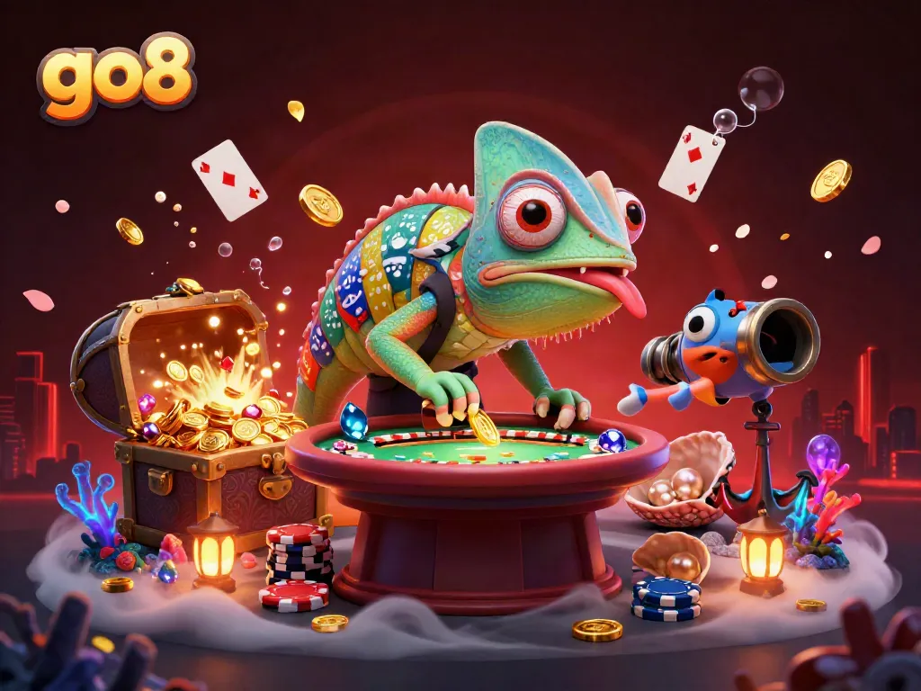 Experience thrilling moments at go8 casino with a vibrant chameleon owner catching golden coins amidst dynamic gaming elements.