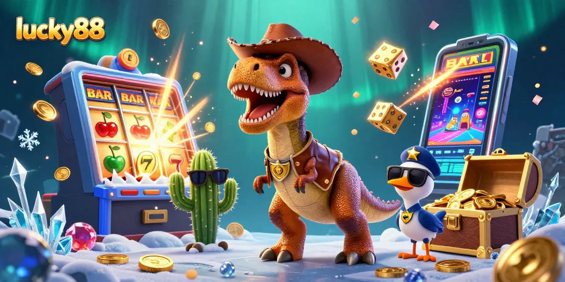 Experience thrilling wins with lucky88 as a dinosaur cowboy and friends celebrate jackpots!