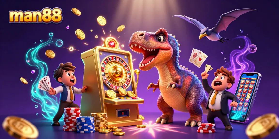 Win big with man88 as animated dinosaurs interact at a magical casino scene!
