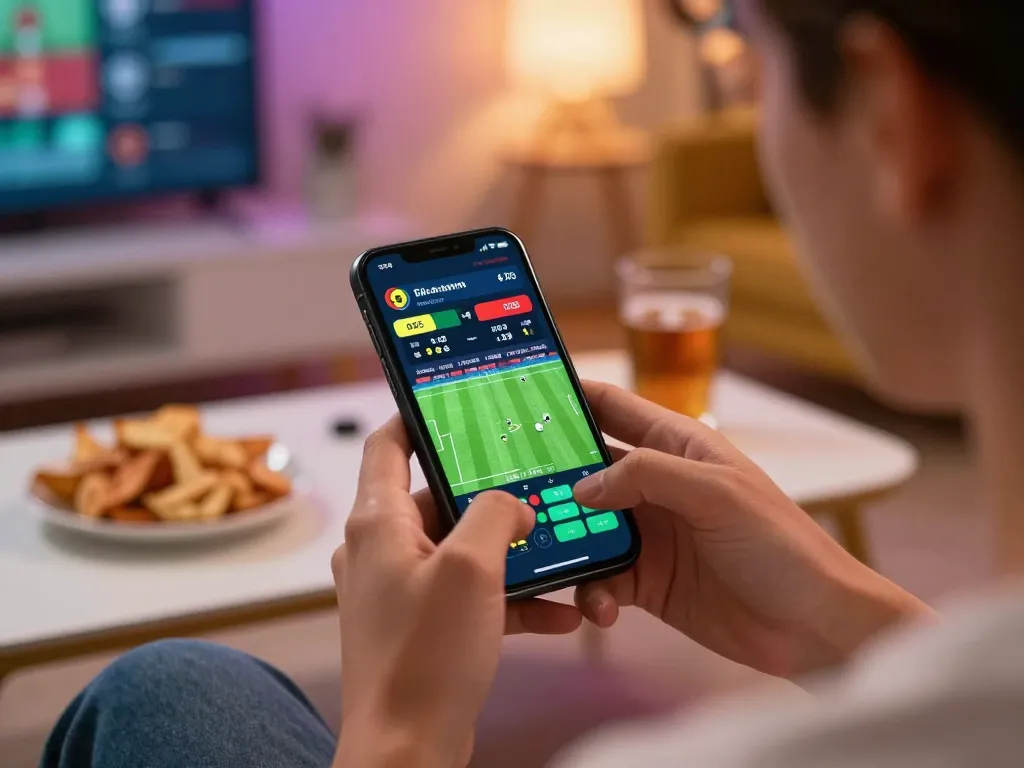 Engaged player placing live bets on keonhacaii88 sportsbook app during a thrilling football match.