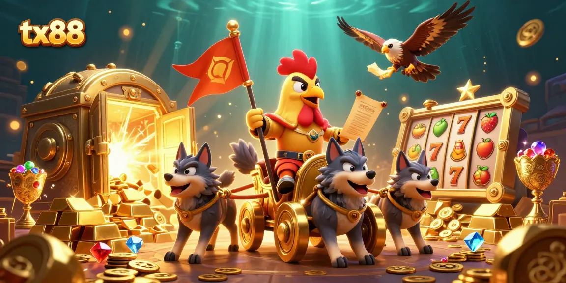 Experience the vibrant excitement of tx88 with a majestic rooster warlord, golden treasures, and slot reels!