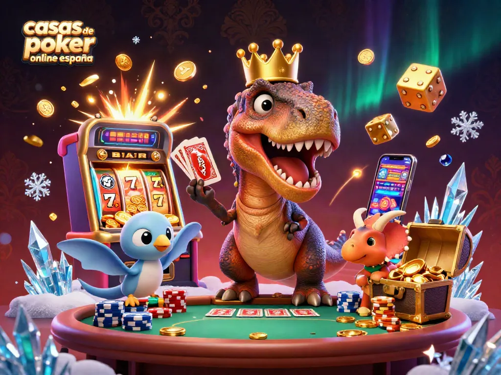 Casas de póker online España, divertida ilustración de un T-Rex jugando cartas con sus amigos en un ambiente festivo de casino.