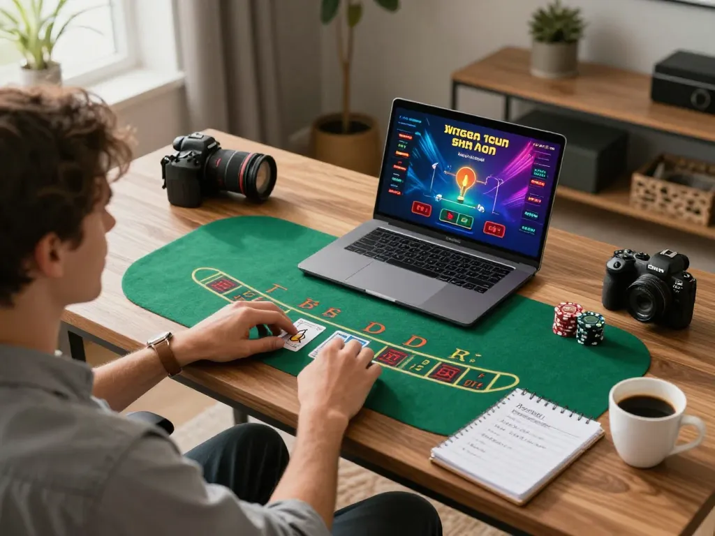 Playing blackjack on a laptop at home with gg88, showcasing responsible gaming and strategic focus.