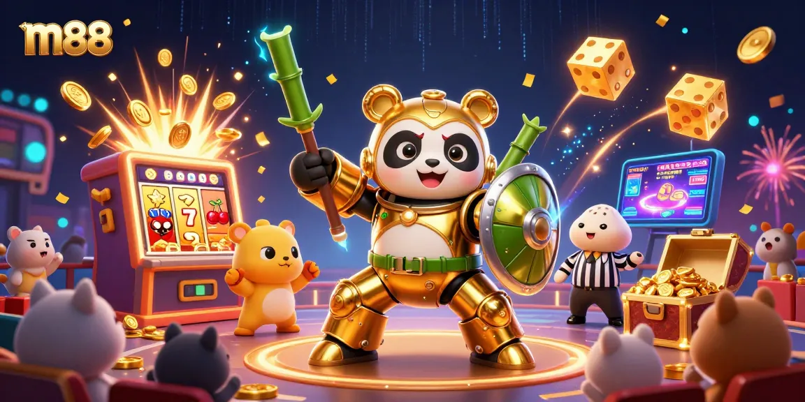 M88 offers a dynamic casino experience with thrilling action from its vibrant gaming scene and golden panda characters.