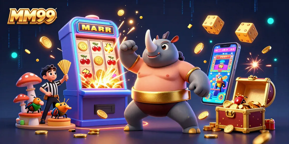 Experience thrilling gameplay with MM99 as the champion beetle stomps golden coins in a vibrant casino scene.