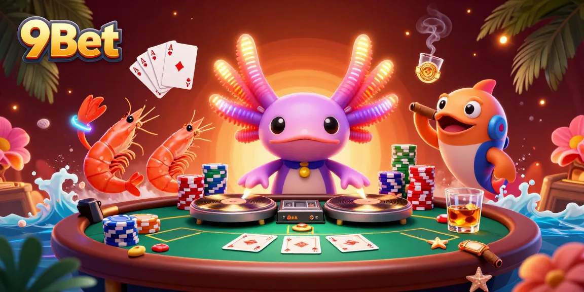 Engage in thrilling poker action with 9Bet's vibrant casino scene, featuring unique underwater characters.