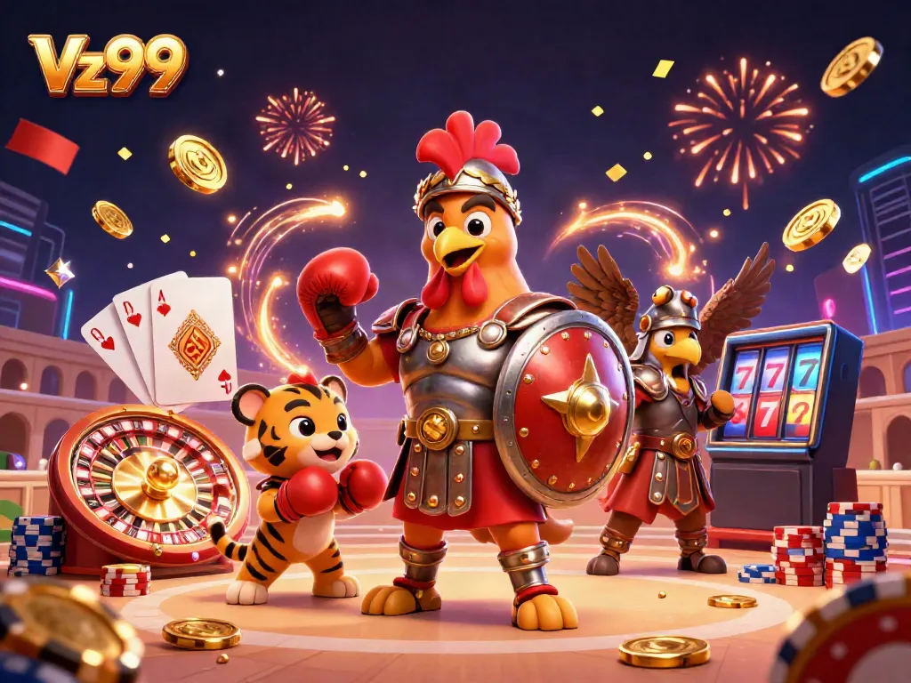 Experience the thrill of Vz99 with a dynamic 3D scene showcasing gaming excitement and lucky elements.